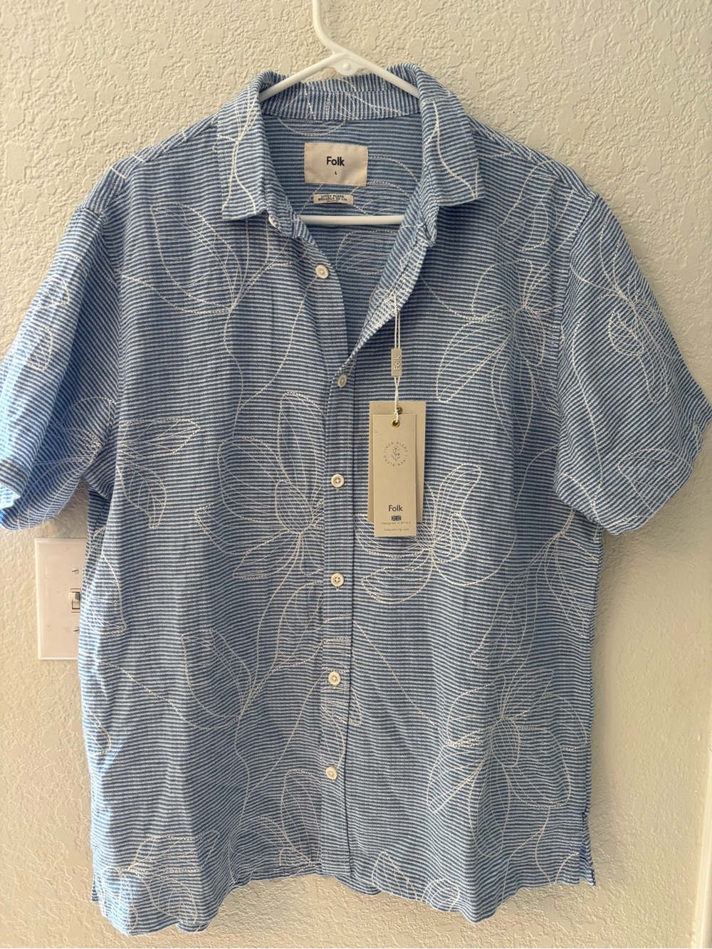 FOLK Blue Striped White Floral Embroidery Resort Camp Collar Shirt Size L NWT - Picture 3 of 7